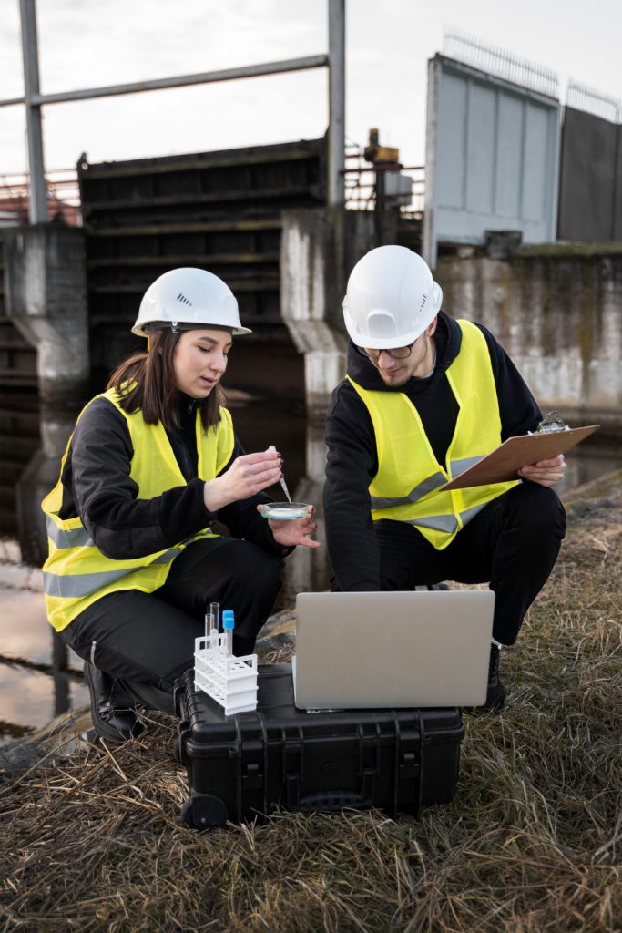 Engineers in safety vests and helmets testing soil and water samples at a construction site in Pakistan
